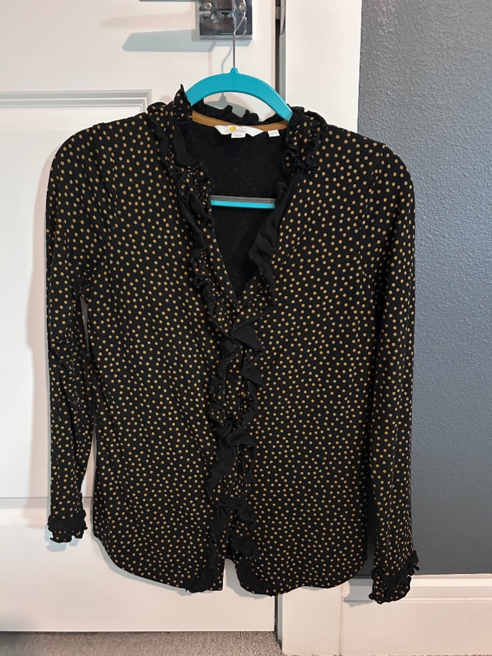 Boden Black Mustard Polka Dot Ruffle Button Front Jersey Top US 6 / UK 10